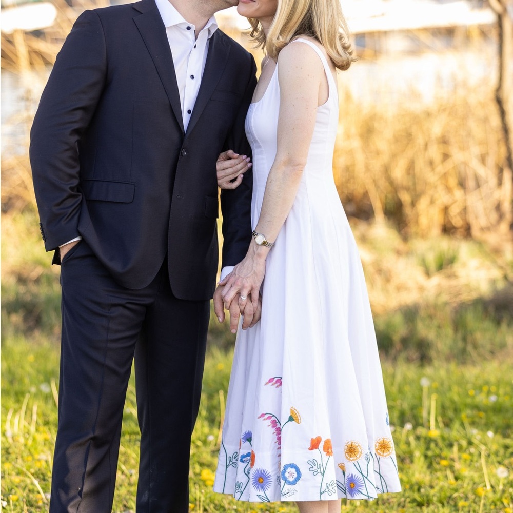 STAUD White Midi Dress with Colorful Floral Embroidery